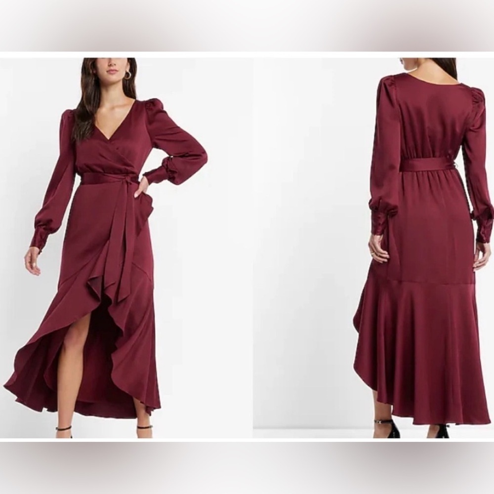 Express Deep Red Long Sleeve Wrap Ruffle Dress Women’s Size Small